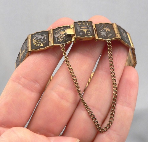 Vintage Japanese DAMASCENE BRACELET Scenic Gold Silver Inlay Engraved Japan