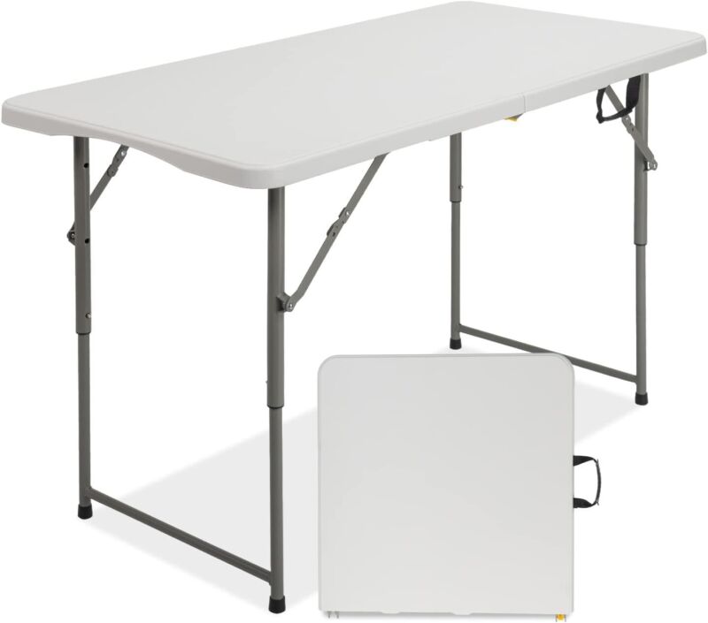 VINGLI 4 FT Plastic Folding Camping Table,3-Level Adjustable Height, Portable