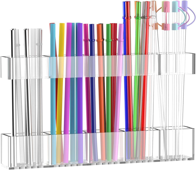Large Acrylic Straw Holder for Cabinet Door Reusable Straw Organizer with Adhesive Mount Clear Kitchen Storage