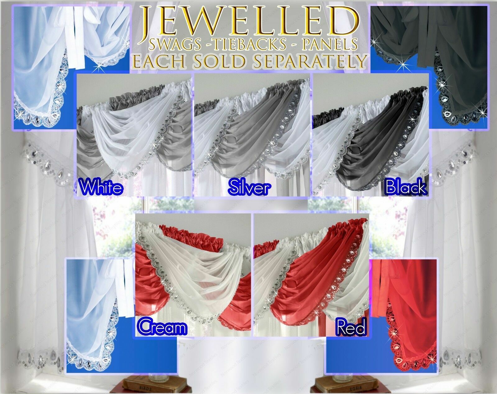Jewelled Swag Crystal Sparkle Glitter Voile Net Readymade Pelmet