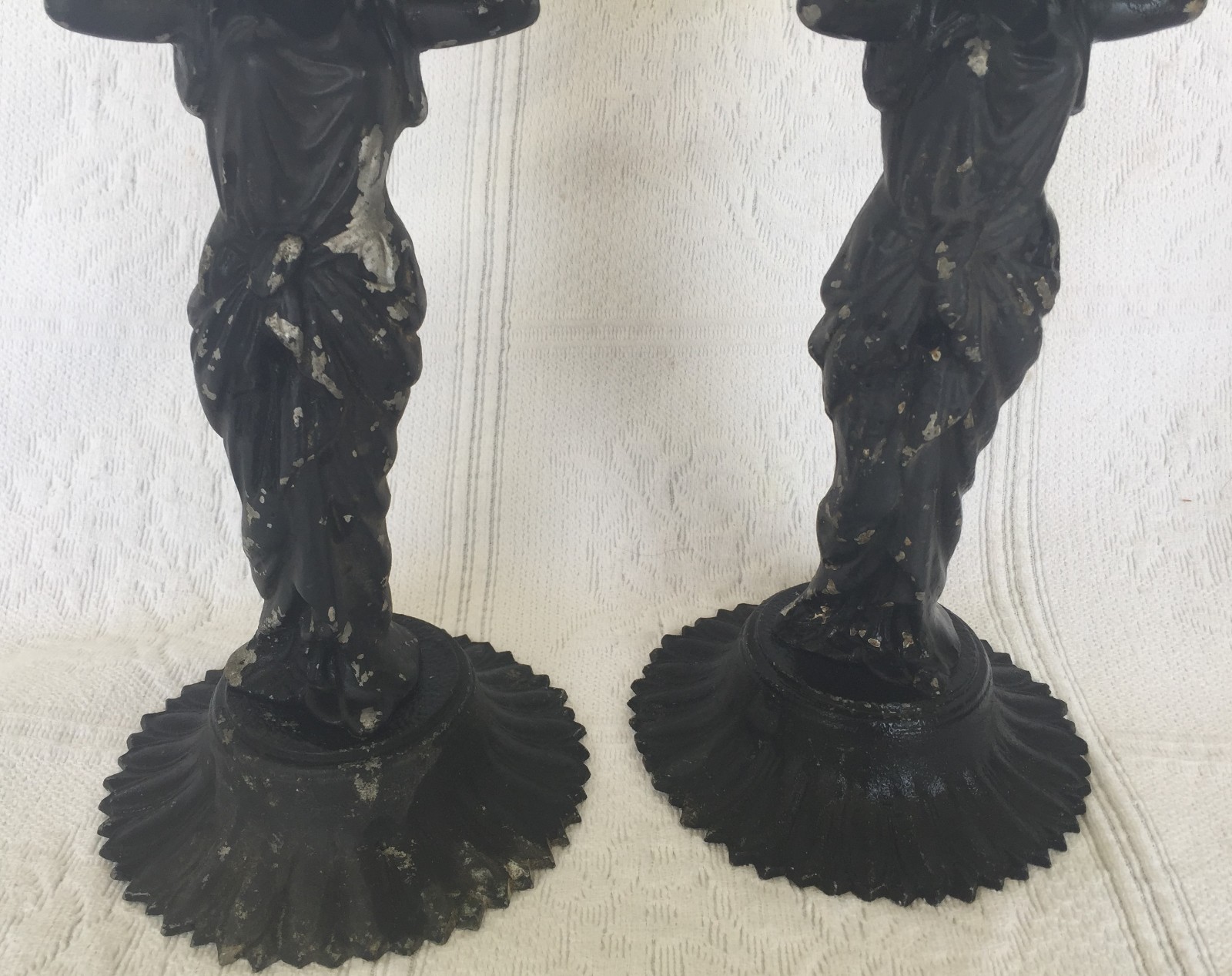 ANTIQUE ART NOUVEAU DECO MAIDEN WITH BOWL  IRON  CANDLE HOLDERS