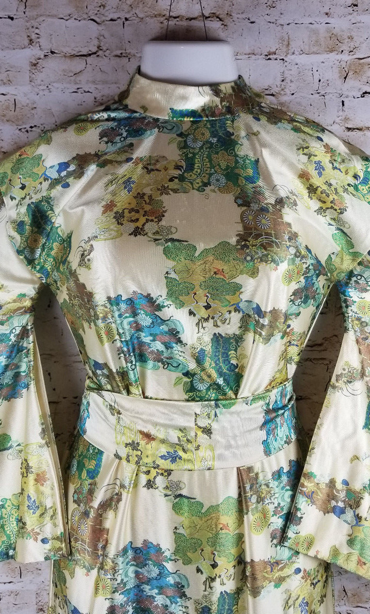 Waltah Clarkes Hawaiian Shop Womens 1960's Ivory Blue Green Kimono MOD SZ 10