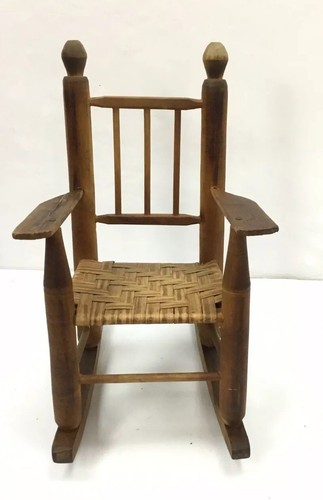 Antique Doll Size Miniature Rocking Chair with Woven Seat - 