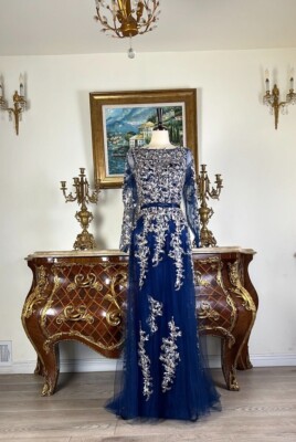 Formal Long Sleeves rhinestone beaded Embroidery Long Evening prom dress