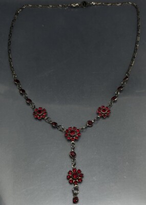 Austria Crystal USA Women Pendant Necklace Gunmetal Red Bezel Crystal Flower 17 