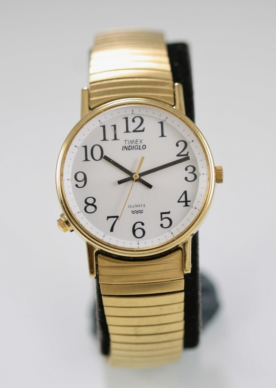 Timex Indiglo Watch Men Gold Stainless Steel Stretch Light Timex Indiglo Watch Men Gold Stainless Steel Stretch Light