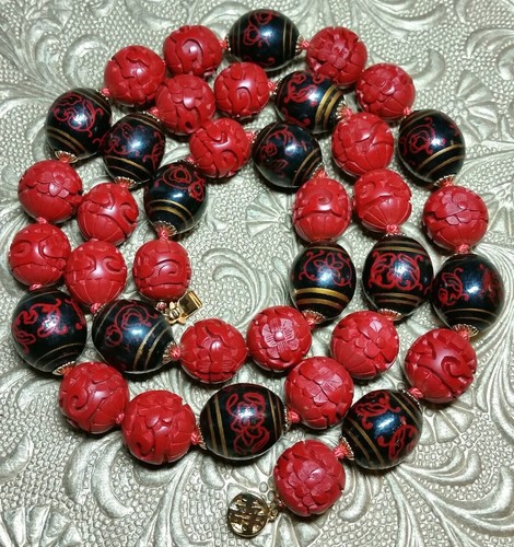 Vintage Antique Chinese Carved Lotus Red Cinnabar Bead 28