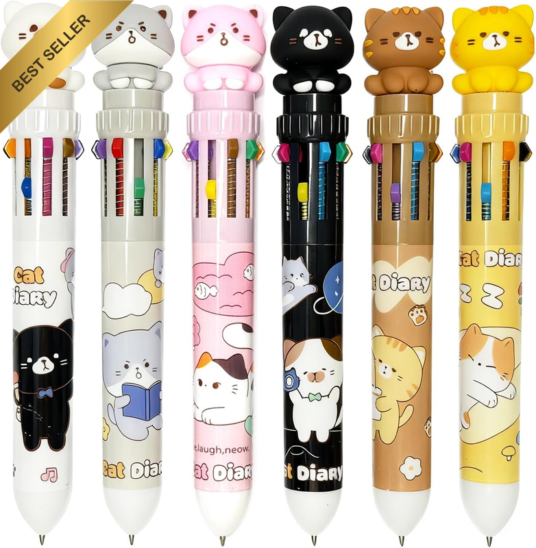 6 Pcs 10-In-1 Cat Kawaii Multi Color Ballpoint Pens 0.7Mm, 10 Colors Kitty Color