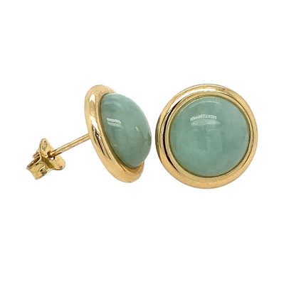 14K Yellow Gold Pale Green Jade Button 12MM Post Earrings 3.77 Grams Signed EA