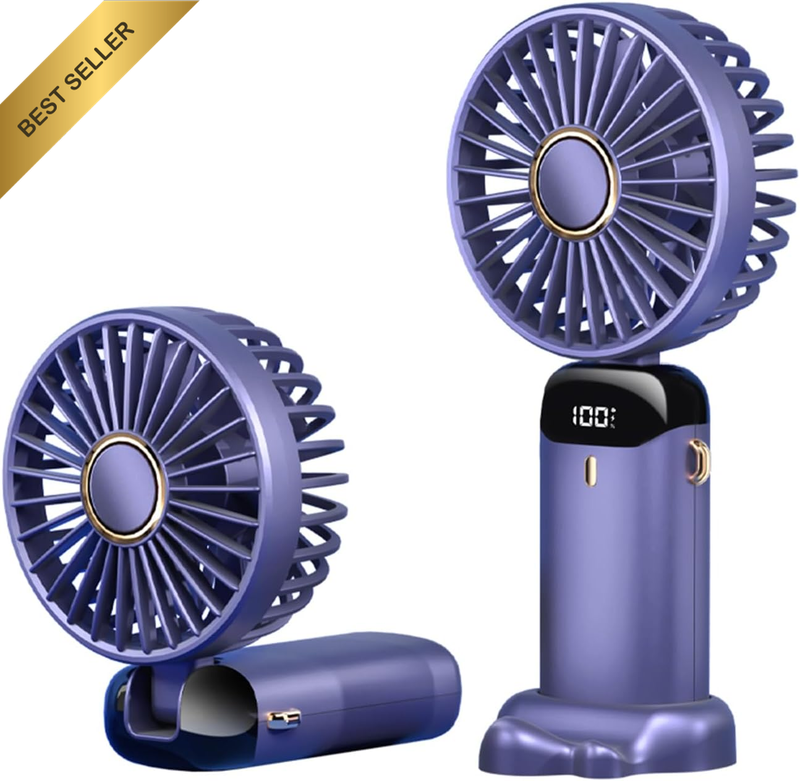 3-in-1 Portable Mini Handheld & Foldable Desk Fan - 5 Speeds, LED Display (Blue)