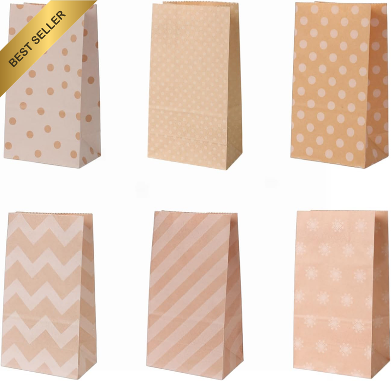 Party Favor Gift Bags, 24-Pack Kraft Brown Gift with Stikers, 6 Patterns Candy B