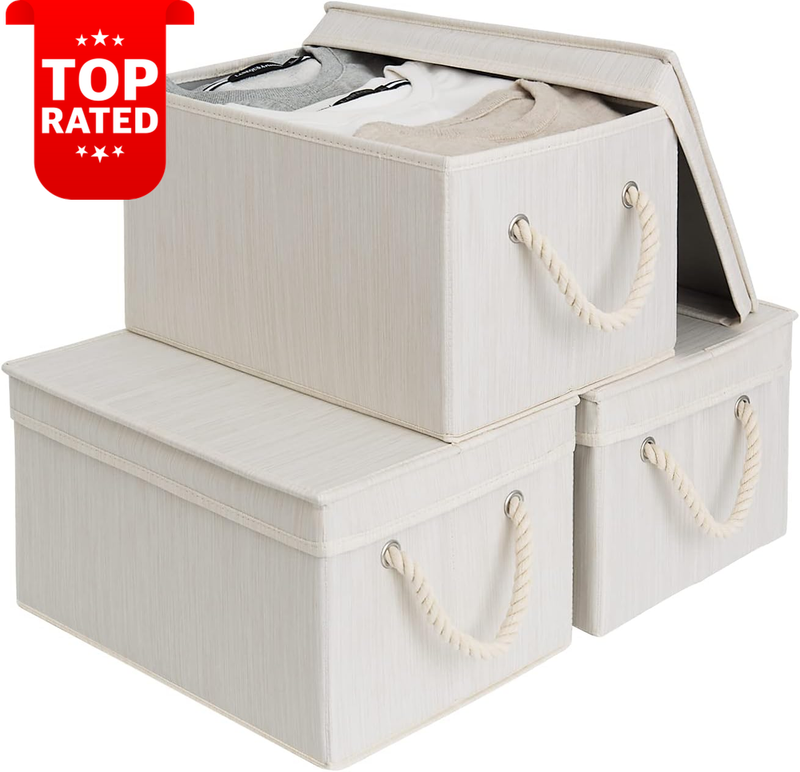 Large Fabric Storage Bins with Lids 3-Pack Foldable Linen Baskets Ivory White