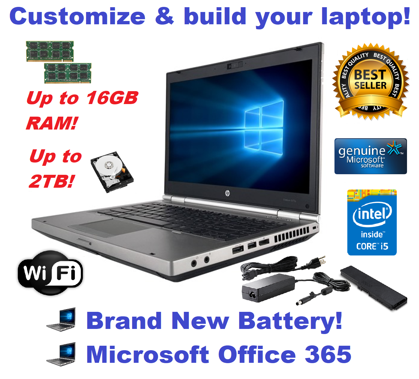 HP EliteBook 8470P LAPTOP WINDOWS 10 WIN DVD+RW INTEL i5 2.6GHz 16GB SSD HDD PC