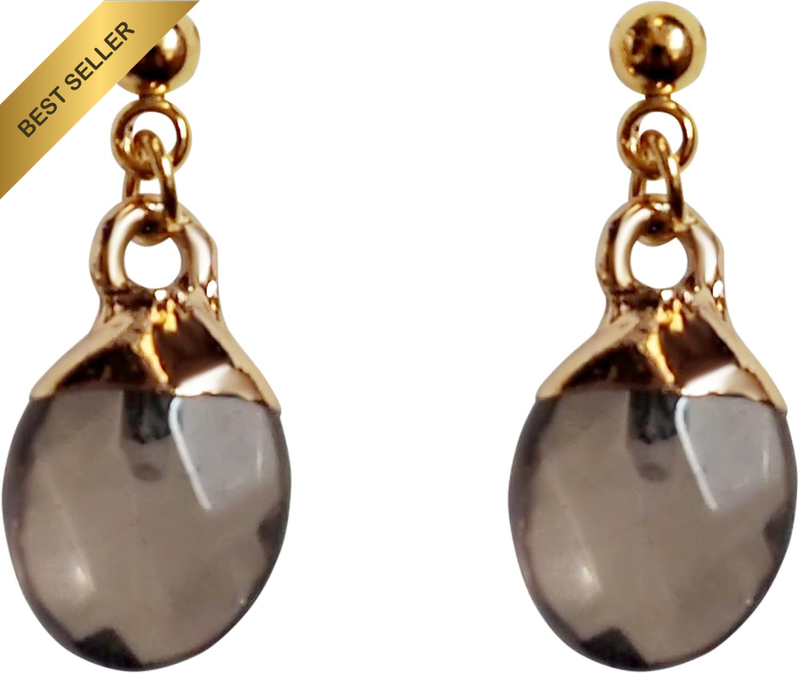 Dangle Oval Smokey Quartz Drop Earrings Gold Tone Invisible Clip On Non Pierced