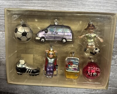Department 56 Set Of 7 Christmas Mini Glass Ornaments Soccer Mom New In Box
