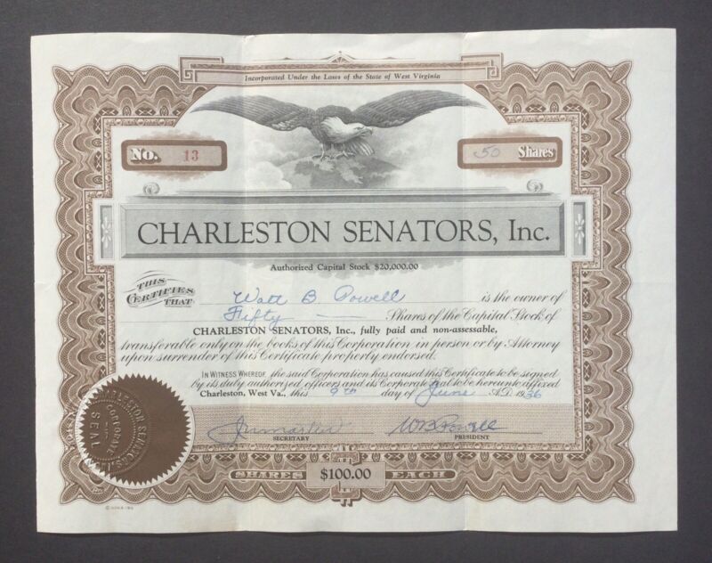 1936 CHARLESTON SENATORS, INC, Stock Certificate, SIGNED W. B. POWELL FRONT/BACK
