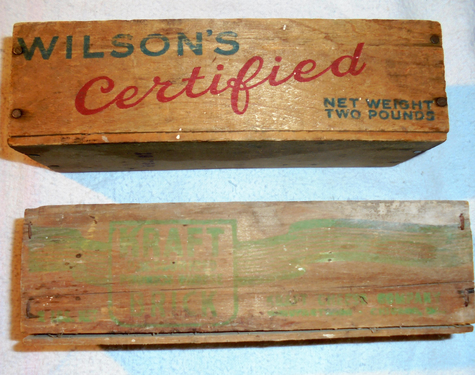 Vintage WILSON'S Certified & KRAFT Two Pound Wooden Cheese Boxs