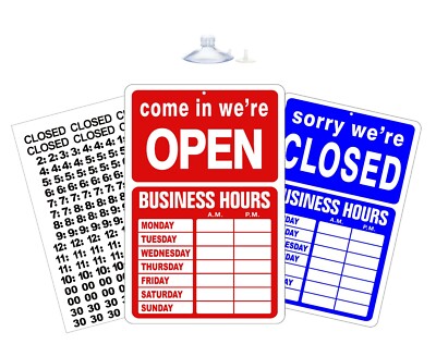 OPEN CLOSED BUSINESS OPEN HOURS SIGN Store Hours of Operation Window Glass Door 