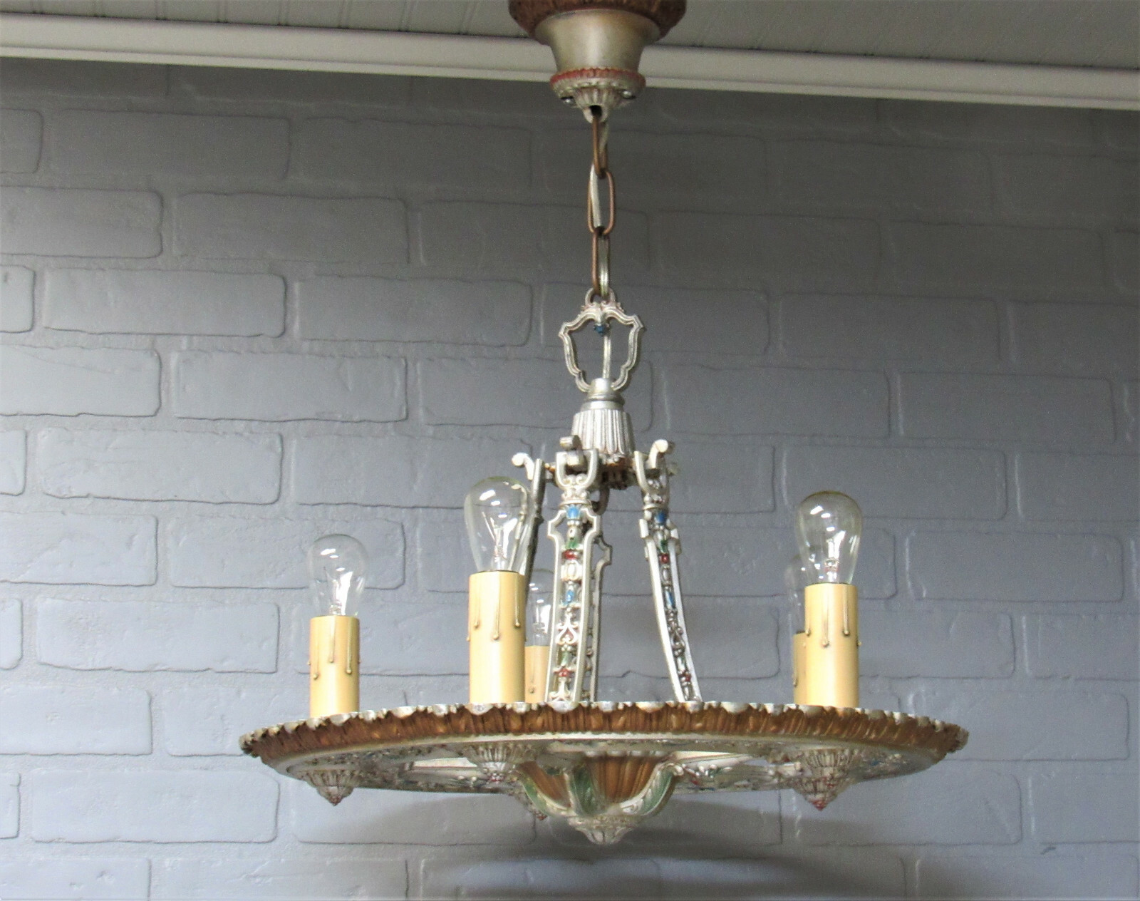 Vintage Antique Art Deco Polychrome Chandelier 5 Light Rewired 24.5