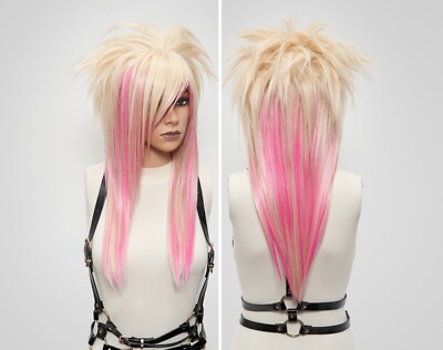 Scene Wig with Bangs in Blonde Pink, EMO Long Straight Spiky Hairstyle Barbie