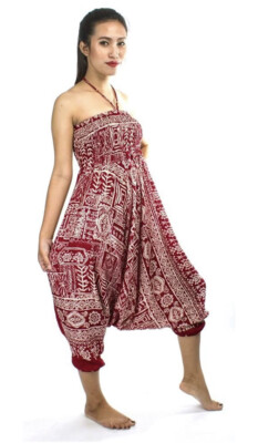 Lofbaz Women's Smocked Waist Aladdin Genie 2 in 1 Harem Pants Peacock Jumpsuit M