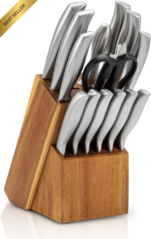 15PCS Kitchen Knife Set with Block, Full Tang High Carbon Stainless Steel, Sharp