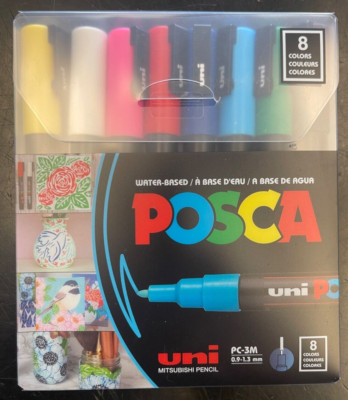 New - POSCA Water-Based PAINT MARKERS PC-3M Bullet Shaped 0.9-1.3 mm 8 Color Set
