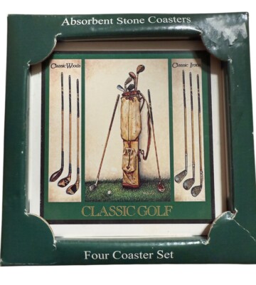 STONE ART Absorbent Stone Coasters Set of 4 Cork Back Golf Clubs
