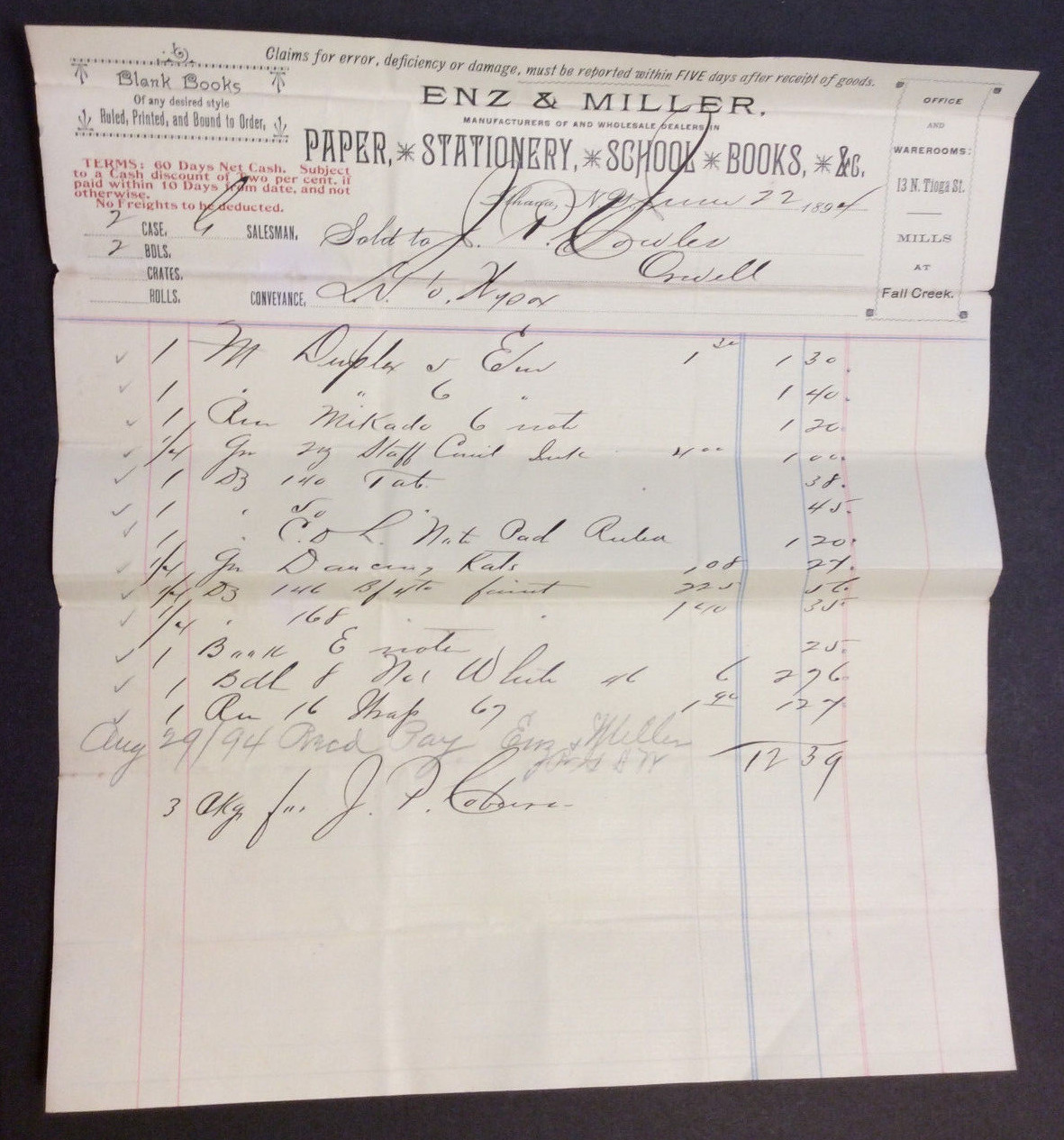 1894 ENZ & MILLER Paper Stationary School Blank Books Ithaca NY Antique Invoice