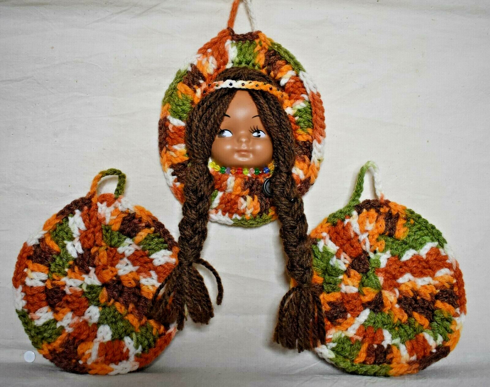 Crocheted Indian Girl Wall Hanger with 2 Removable Pot Holders Hand crafted