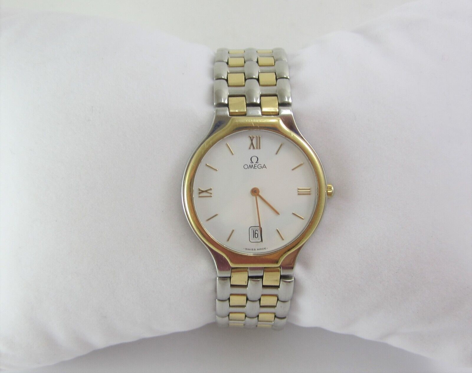 OMEGA DEVILLE SS & YG QUARTZ WATCH W/ WHITE DIAL, MODEL OMEGA DEVILLE SS & YG QUARTZ WATCH W/ WHITE DIAL, MODEL