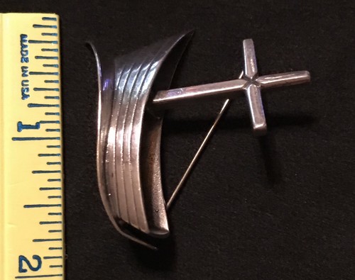 James Avery Retired Rare Boat Ship And Cross On Water Pin Brooch Sterling Silver
