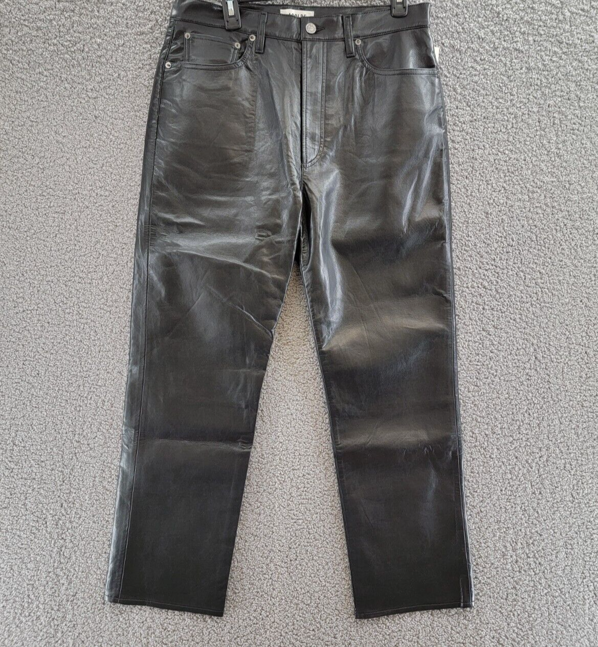 AGOLDE 90s Fitted Recycled Leather Pants Women's 31 Black Pockets Button Zip - Picture 2 of 18