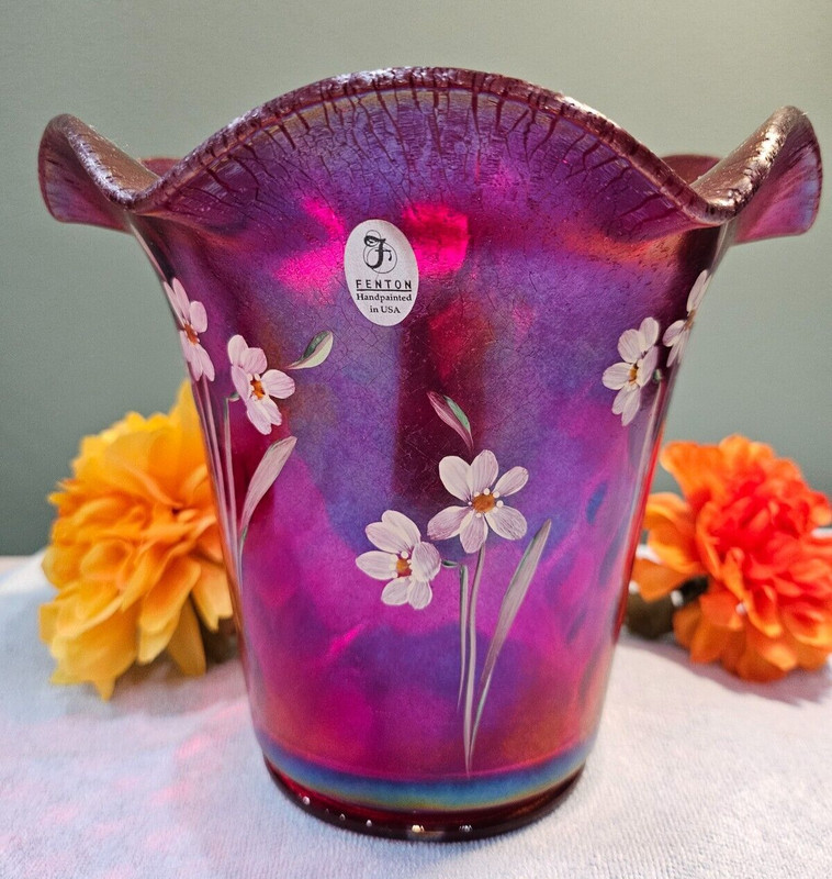 Fenton Art Glass Vase Red Scalloped Edge Hand Painted ~