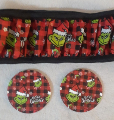 Grinch Steering Wheel Cover & Car Coasters Christmas Holiday Stretch Fit New