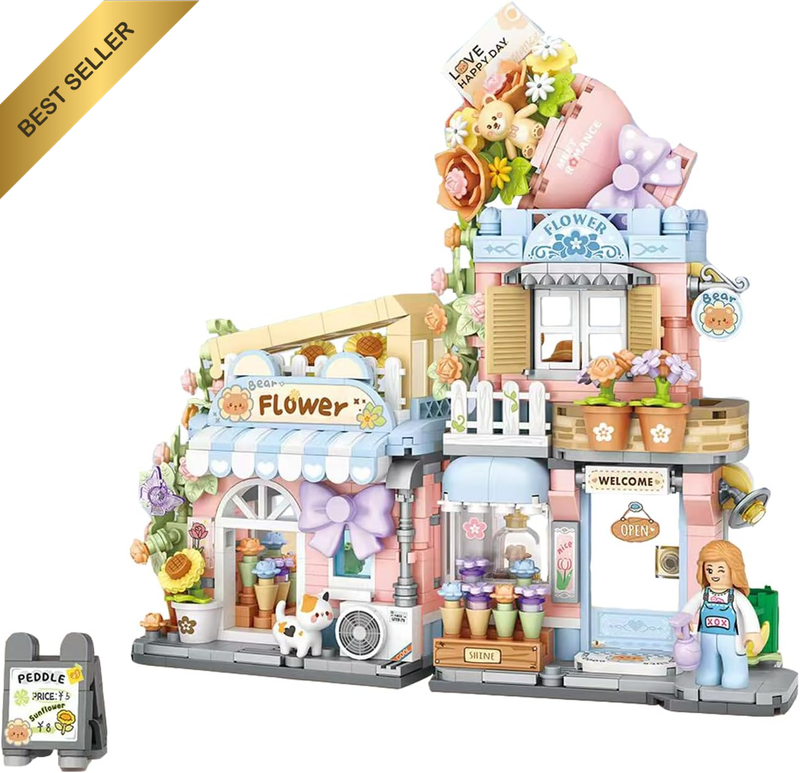 Mini Flower Shop Building Set – 854 Pieces DIY Street View Kit, Pastel Floral Bl