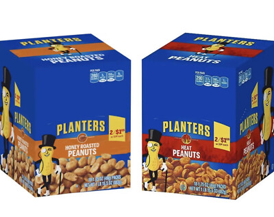 2 Pack (1) Planters HONEY ROASTED (1) HEAT Peanuts 1.75 Ounce Bags (Pack of 18)