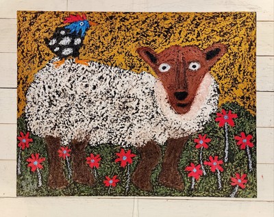 John Sperry Outsider Southern Primitive Folk Art Sheep & Guinea Hen Painting 