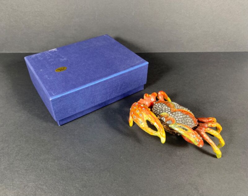 Crab Trinket Box Hinged Rhinestone Jeweled Enamel Magnetic Closure In Fitted Box