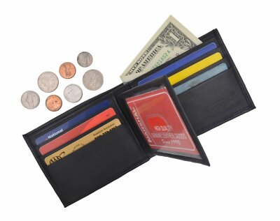 Mens Genuine Leather Black Flap Credit Card ID Holder Slim Bifold Wallet