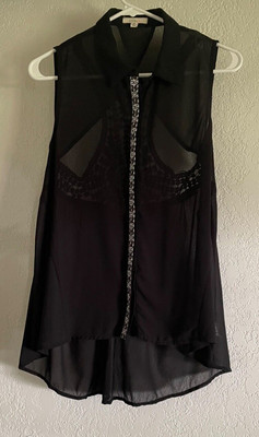 SUPER B BLACK SHEER CROCHET BLOUSE HIDDEN BUTTONS HI-LO SLEEVELESS WOMEN'S SZ M