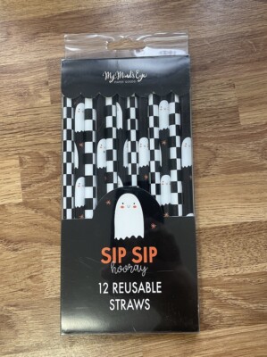 12 Pcs Reusable Plastic Straws Halloween Black White Ghost Party Sip Sip Hooray