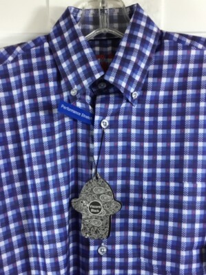 Visconti Black Shirt Mens Small Blue Check Performance Stretch Button Up $135