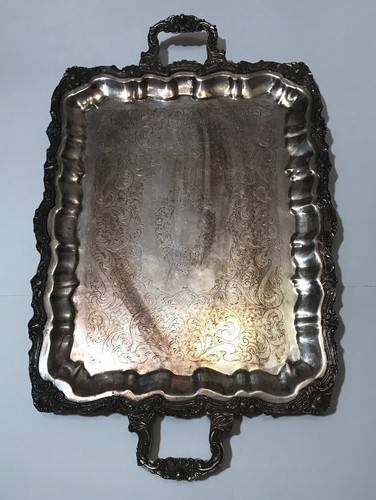 Antique Large Sheridan Silver Plated Footed Handled Engraved Butler Serving Tray