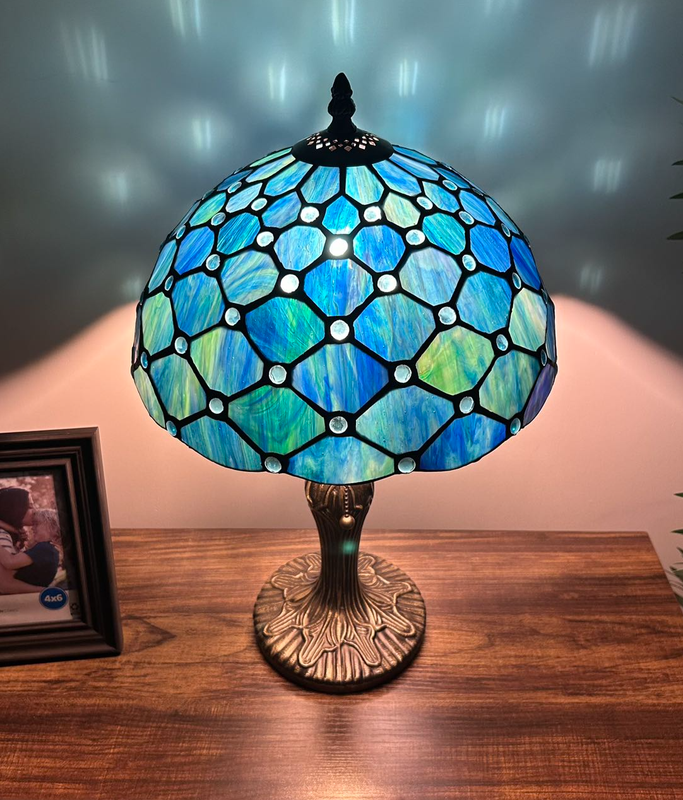 Tiffany Style Table Lamp Sea Blue Pearl Stained Glass Vintage Bedside Desk Light