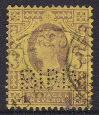 1887 Great Britain GB QV 3d Purple on Yellow Jubilee Perfin