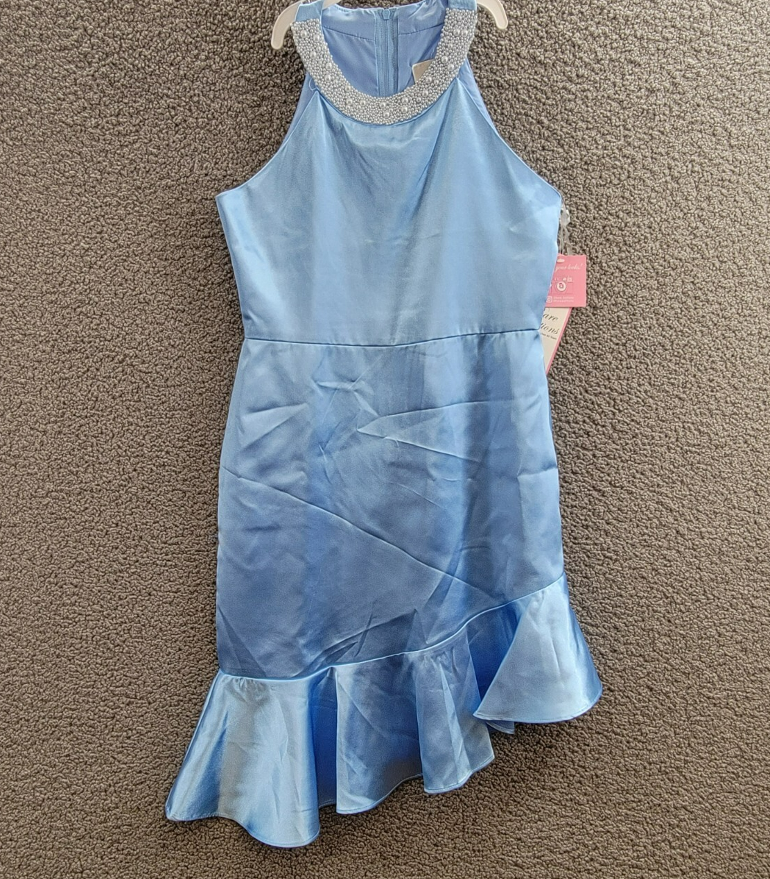 Rare Editions Sleeveless Imitation Pearl Halter Dress Big Girls 14 Blue Back Zip - Picture 2 of 16
