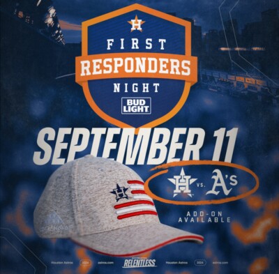 Houston Astros First Responders Night Hat Add On - 9/11/24   Ships Free!
