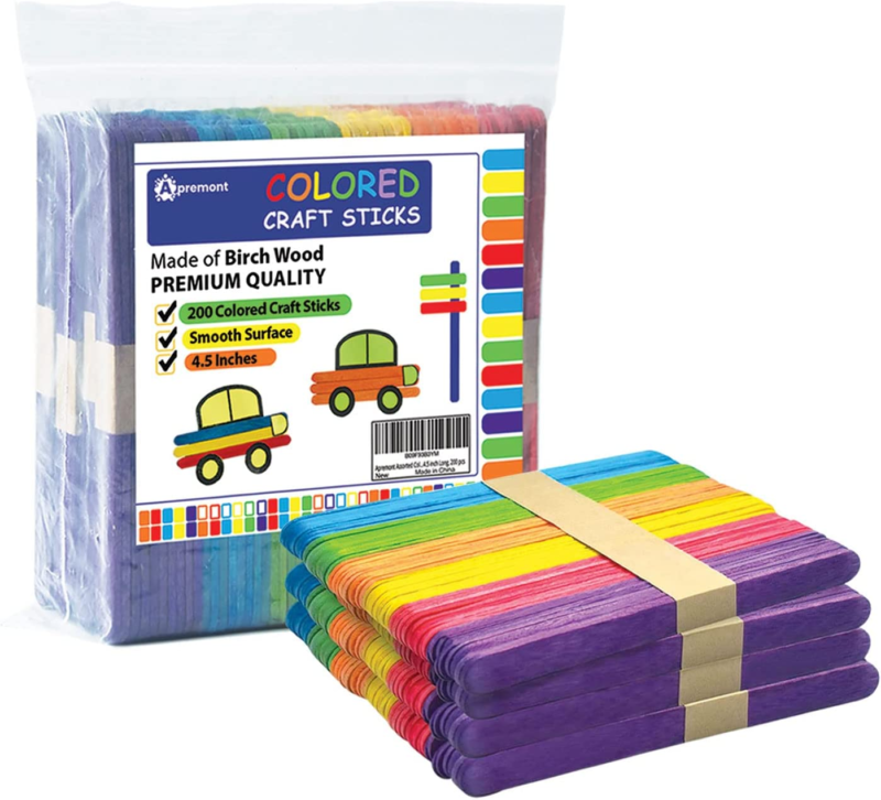 200 pcs Assorted Colored Wooden Craft Sticks, Rainbow Popsicle Stick...