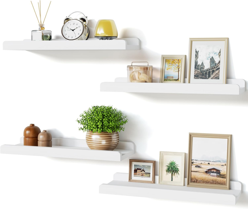 White Floating Shelves for Wall Set of 4, Wood Wall Shelves with Lip,15.6 Inch Rustic Hanging Shelves for Bedroom Bathroom Living Room Kitchen Nursery Display